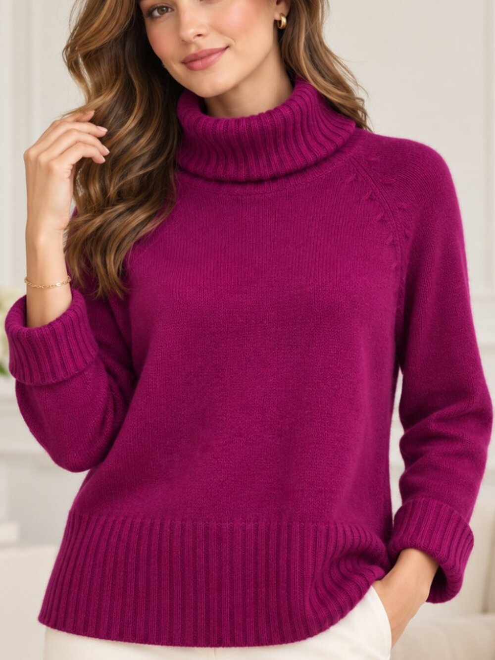 Ann Taylor XL 100% Cashmere Turtleneck Sweater Magenta Pink